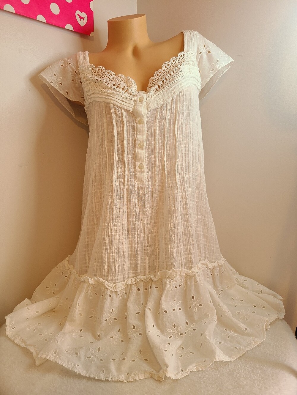 By Anthropologie Prairie Cottagecore Cotton Eyelet Babydoll Nightgown Size XL